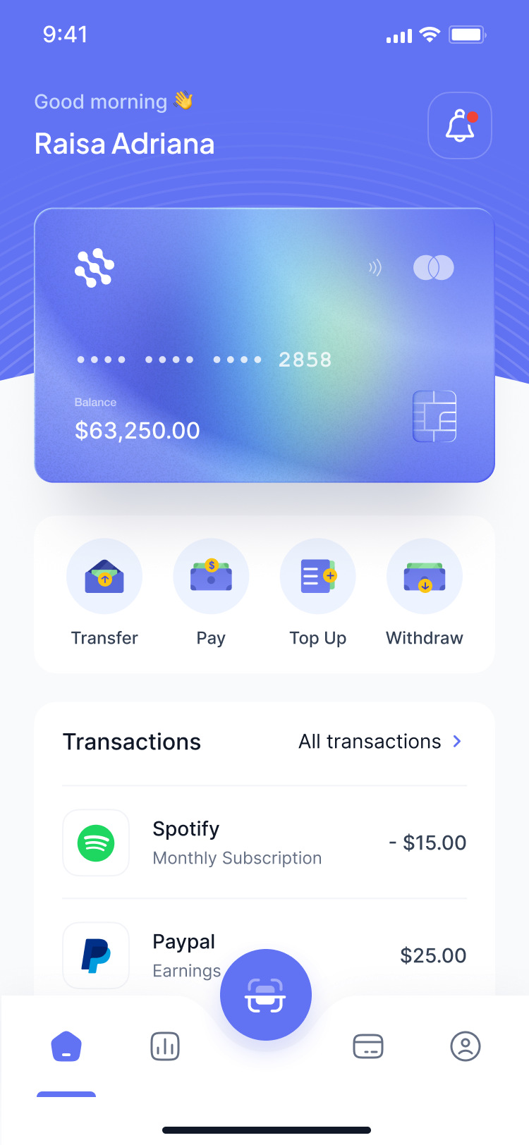LCash home screen with USD balance and quick actions